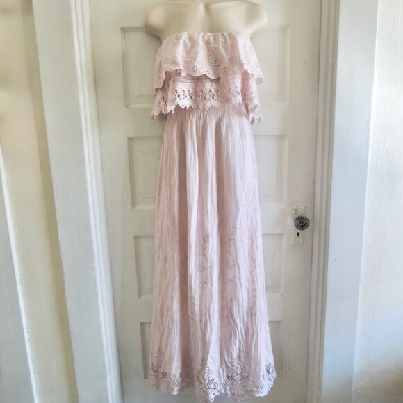 Le Marais Pink Strapless Eyelet & Lace Embroidered Maxi Dress M - Picture 1 of 11